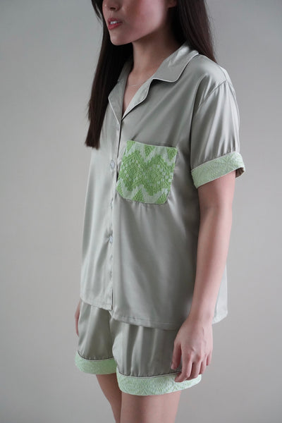 Sage green silk shorts set