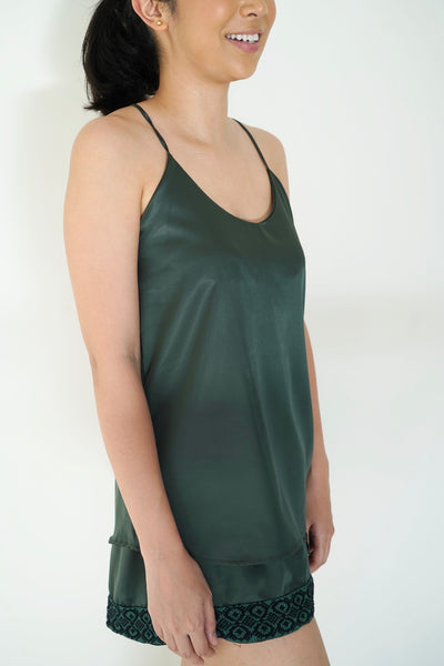 Moss green sleeveless shorts set